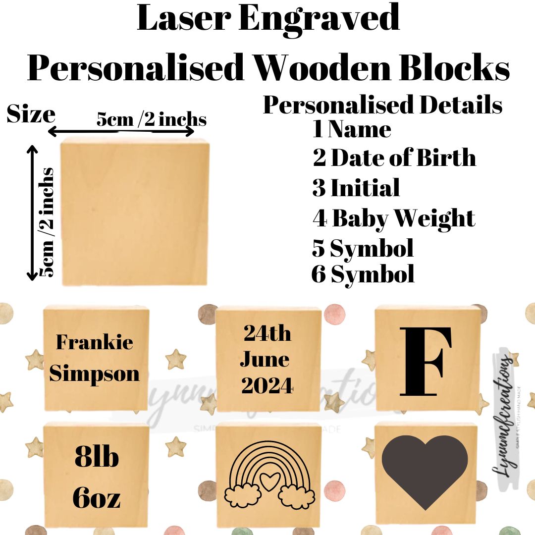 Personalised Laser Engraved Wooden Baby Blocks - 6 Blocks