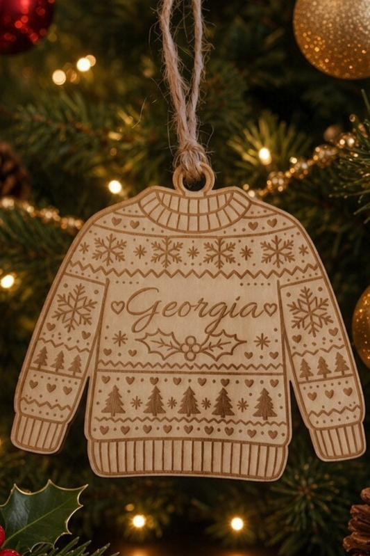 Personalised Christmas Tree Jumper Ornament - Wooden